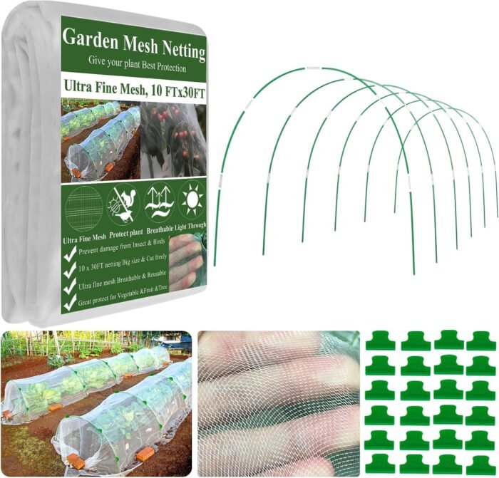 Garden Mesh Netting Kit,10 x 30FT Ultra Fine Netting with 6 Sets Fiberglass Garden Hoops for Raised Beds Vegetable Plants Fruits Greenhouse Row Cover Birds Animals Barrier Protection Net