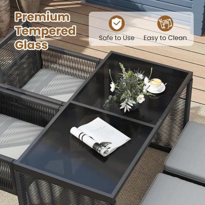 Tangkula 5 Pieces PE Wicker Patio Dining Set, Outdoor Conversation Set with Cushions, Space-Saving Patio Rattan Chair and Tempered Glass Table Set with Ottomans for Garden, Backyard & Poolside (Gray) - Image 6