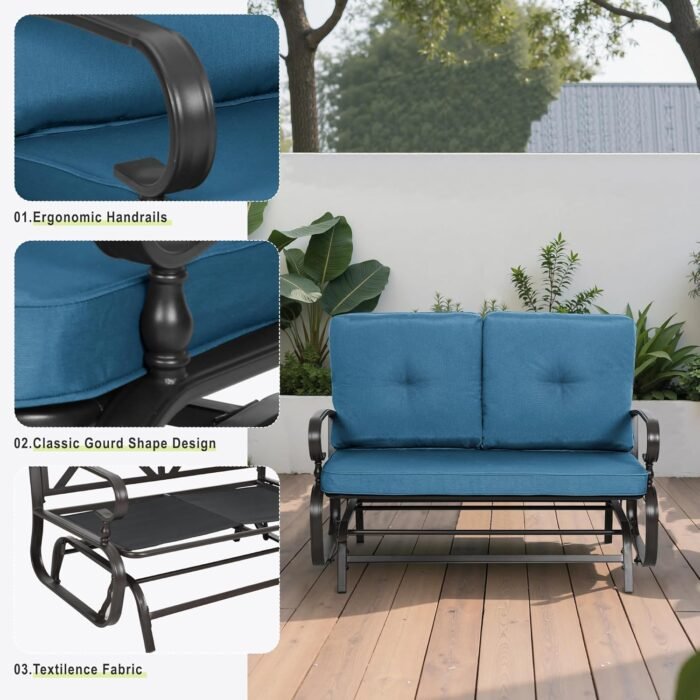 Incbruce Outdoor Rocking Chair with Cushion Glider Bench for 2 Person, Seating Loveseat Steel Frame for Porch, Patio, Garden (Peacock Blue) - Image 4