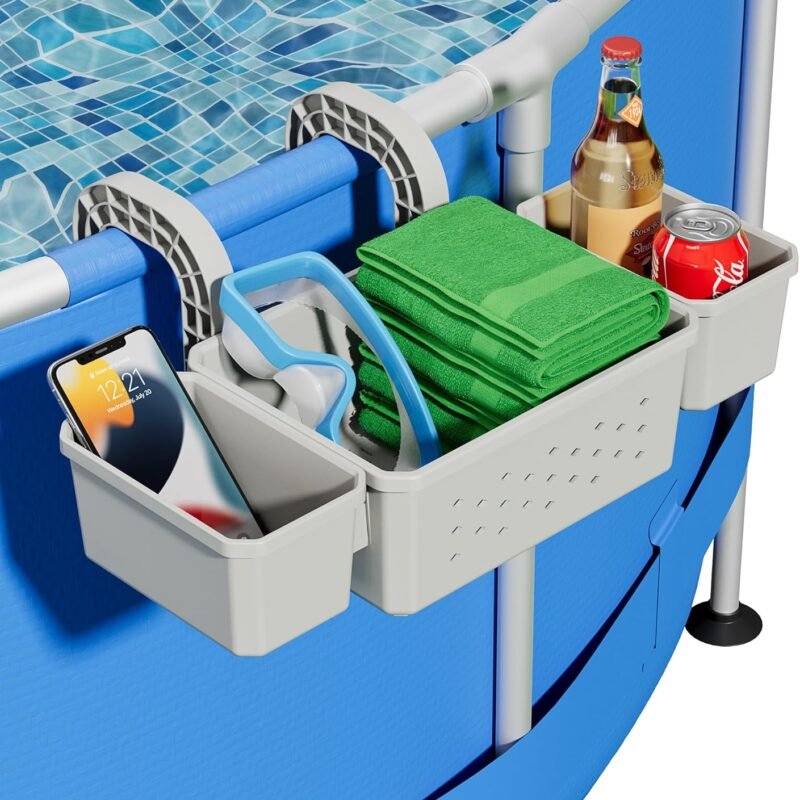 Poolside Storage with 2 Pool Cup Holder, Thickened Plastic Pool Basket for Above Ground Pool Accessories, Multifunctional Poolside Holder Fits for Most Frame Pools (1 Pack)