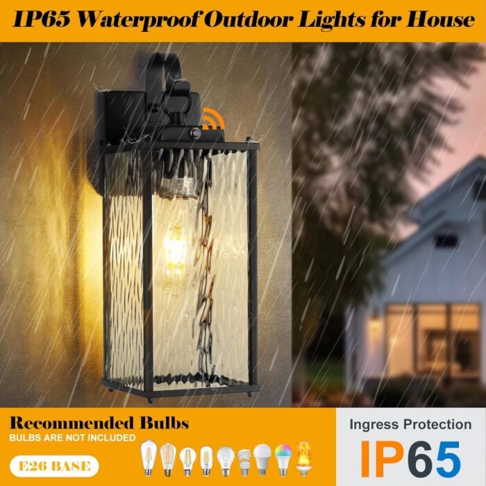 2-Pack Dusk to Dawn Outdoor Lighting with Water Ripple Glass, IP65 Waterproof Matte Black Front Porch Lights Photocell Sensor Exterior Light Fixtures Outdoor Wall Sconces Coach Lights - Image 4