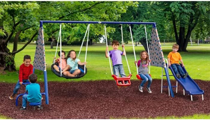 XDP Recreation Freedom Fun Metal A-Frame Kids Outdoor Swing Set 7 Child Capacity Backyard Playground Toy Set with Slide, 3 Swing Types, and See-Saw - Image 3