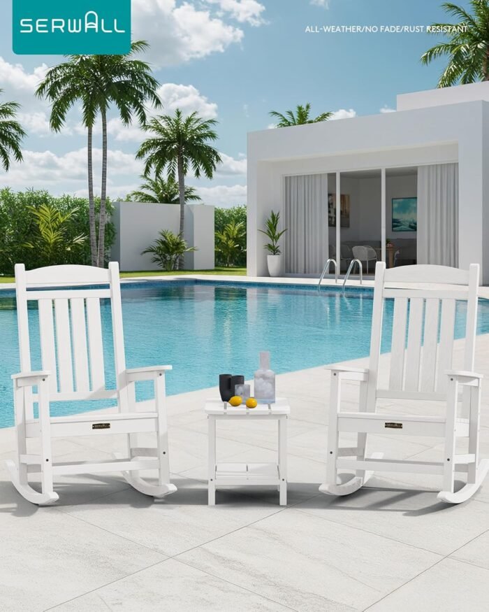 SERWALL Outdoor Rocking Chair Set of 2, HDPE Patio Rocking Chair All-Weather Porch Rocker for Balcony, Yard, White - Image 2
