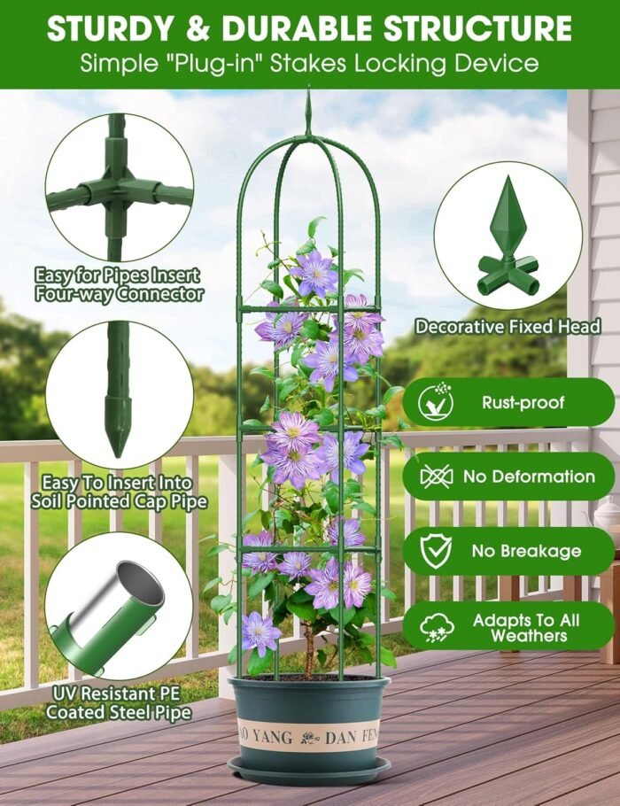 Trellis for Climbing Plants Outdoor, 6FT Garden Obelisk Rustproof PE Coated Metal Potted Plant Climbing Support, Thickened Tube Plant Tower Trellis for Clematis Vine Support Indoor (1 Pack) - Image 3