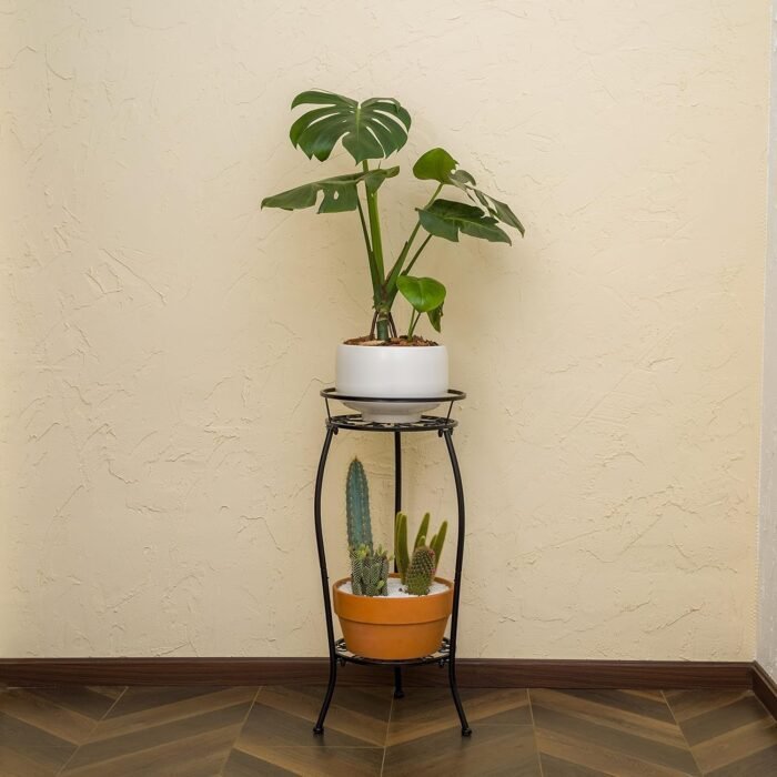 FaithLand 2 Pack Metal Plant Stands, Tall Planter Holder Indoor Outdoor, 2 Tier Round Potted Supports Rack, Corner Display Shelf Black - Image 8