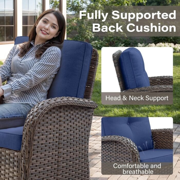 Patio Wicker Chairs Swivel Rocker - Outdoor Swivel Rocking Chairs Set of 2 with Rattan Side Table, Patio Swivel Glider Chair 3 Piece Patio Furniture Sets for Deck Porch Pool Brown/Blue - Image 4
