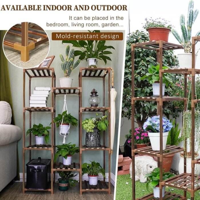 Uneedem Plant Stand Indoor Outdoor, Tall Plant Shelf for Multiple Plants, 10 tiers 11 Pot Large Plant Rack Wood Plant Holder Plant Shelves for Room Corner Balcony Garden Patio - Image 5