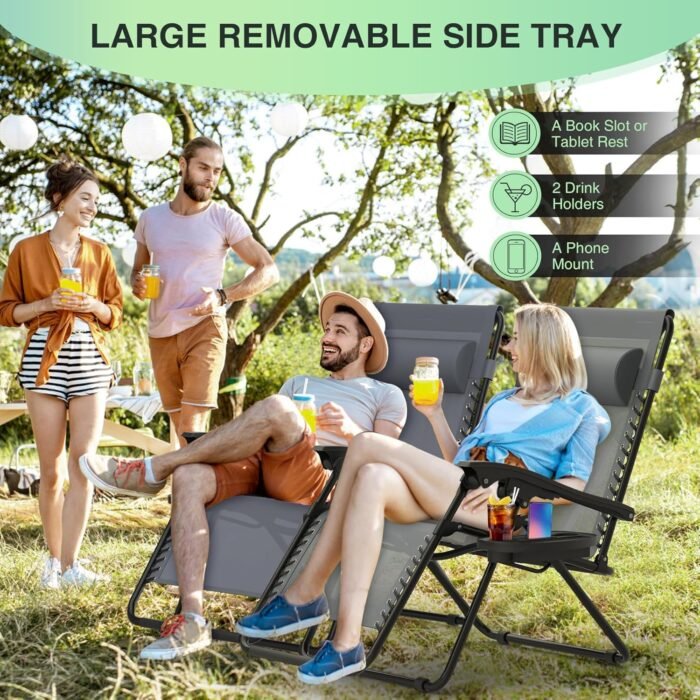 Suteck Zero Gravity Chairs Set of 2, Zero Gravity Lounge Chair w/Upgraded Lock, Big Cup Holder and Pillow, Reclining Patio Chairs Folding Recliner for Indoor and Outdoor - Image 4