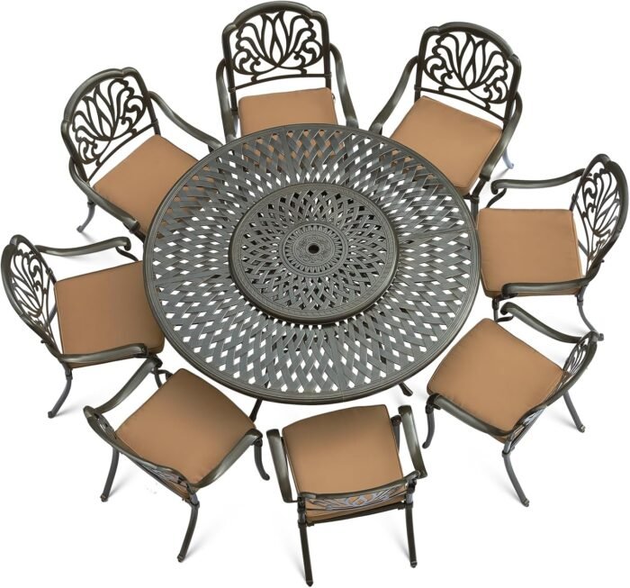 VIVIJASON 9-Piece Patio Furniture Dining Set, Rust-Free Cast Aluminum Outdoor Conversation Set, Include 8 Cushioned Chairs & 61" Round Dining Table with 31" Lazy Susan, Umbrella Hole, Khaki