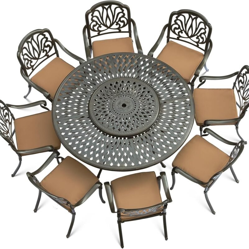VIVIJASON 9-Piece Patio Furniture Dining Set, Rust-Free Cast Aluminum Outdoor Conversation Set, Include 8 Cushioned Chairs & 61" Round Dining Table with 31" Lazy Susan, Umbrella Hole, Khaki