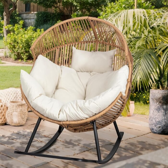 Vongrasig Wicker Rocking Egg Chair PE Rattan with Cushion, Oversized Patio Lounge Rocker Chair for Outdoor, Indoor, Balcony, Backyard, Garden, Beige - Image 3
