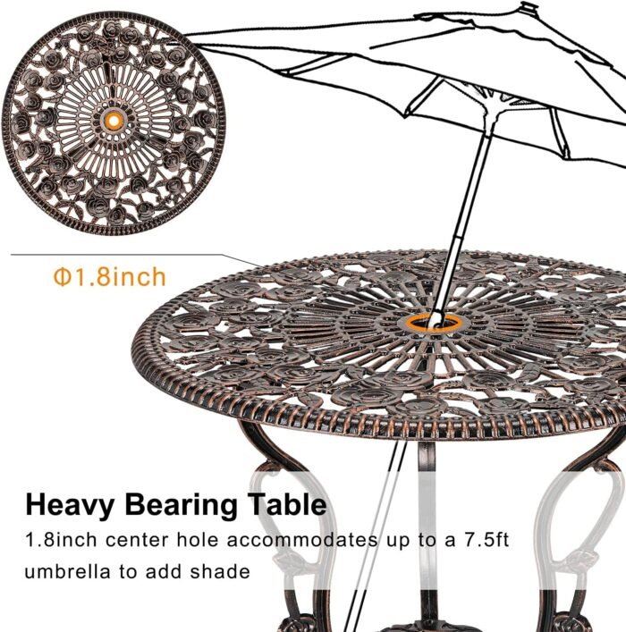 HOMEFUN Bistro Table and Chairs Set of 2 Outdoor 3 Piece Patio Set, Rose Pattern Cast Aluminum Bistro for Garden Balcony, Durable Rust All-Weather Resistance, Rose Bronze - Image 2