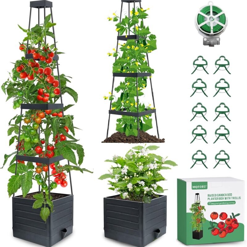 MQFORU 2Pack Raised Garden Bed Planter Boxes with Trellis, 57" Self-Watering Tomato Planter Boxes with Trellis for Climbing Vegetable and Plants, Tomato Cage for Indoor Outdoor Use