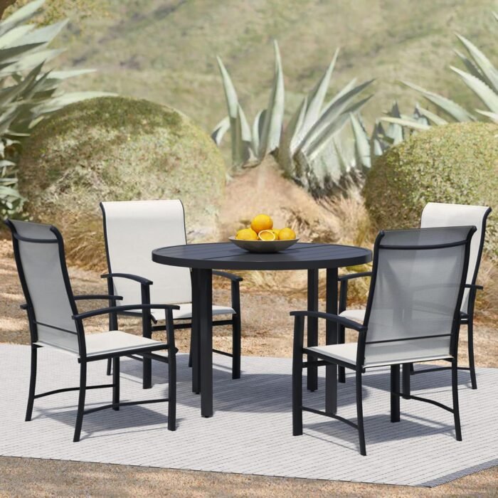 5 Piece Outdoor Dining Set, Patio Dining Set for 4, 42" Black Round Table with 4 Oyster Beige All Weather Outdoor Dining Chairs for Lawn, Garden, Porch