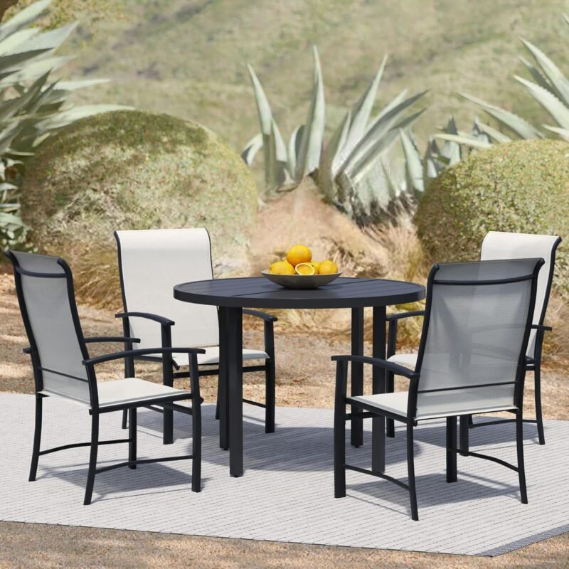 5 Piece Outdoor Dining Set, Patio Dining Set for 4, 42" Black Round Table with 4 Oyster Beige All Weather Outdoor Dining Chairs for Lawn, Garden, Porch