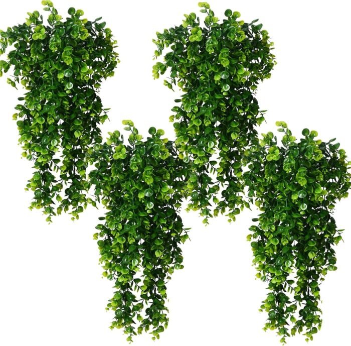Toprooms 4 Pcs Fake Hanging Eucalyptus Plant, Faux Eucalyptus Leaf Greenery Vine, UV Resistant Plastic Plant, Artificial Hanging Plants, Ivy Room Decor, Outdoor