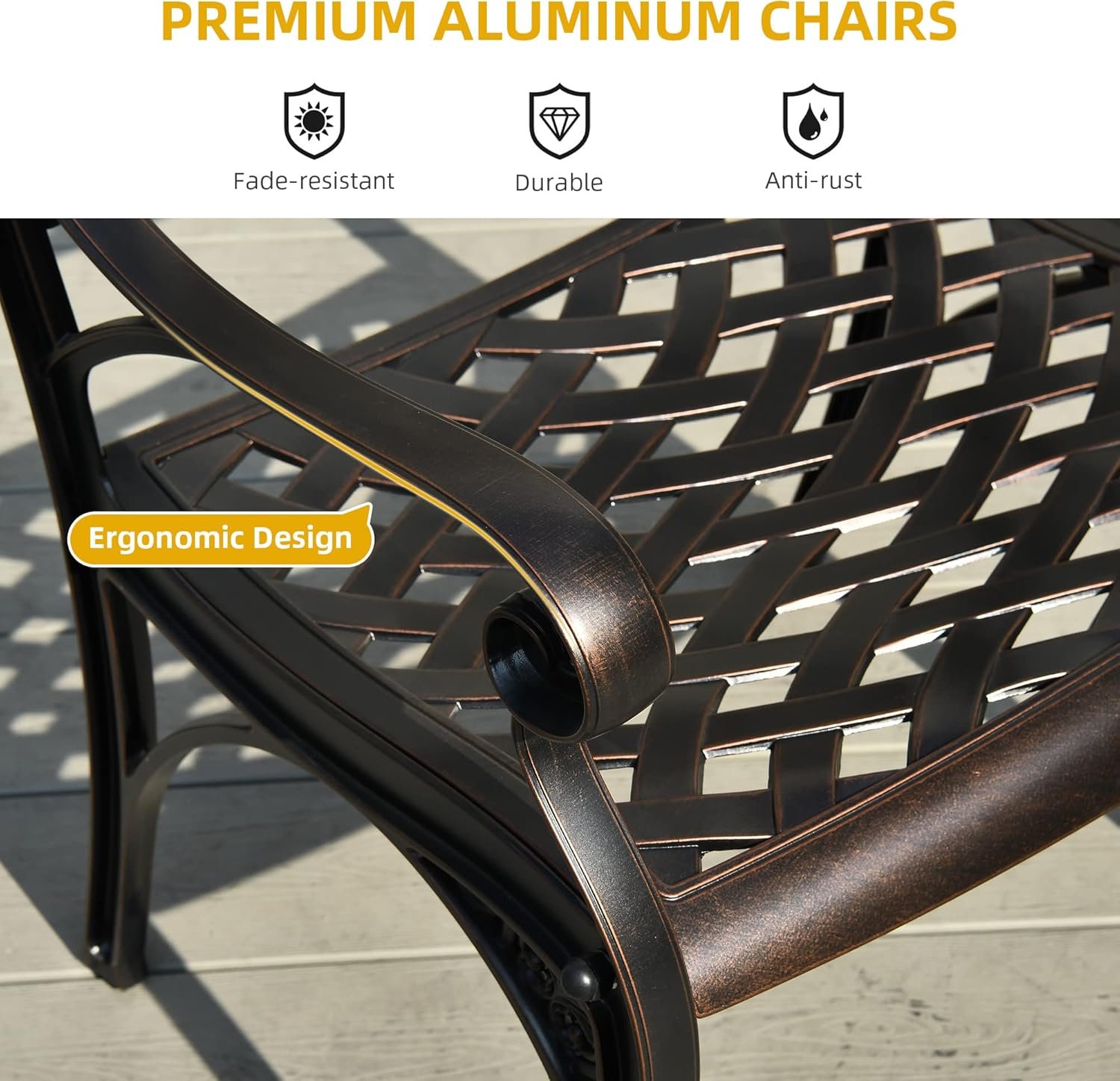 DWVO 7-Piece Outdoor Furniture Cast Aluminum Patio Dining Sets, All-Weather Patio Bistro Sets with 6 Chairs, 59 Inches Round Table with Umbrella Hole, Adjustable Feet for Balcony Backyard Deck Garden - Image 6