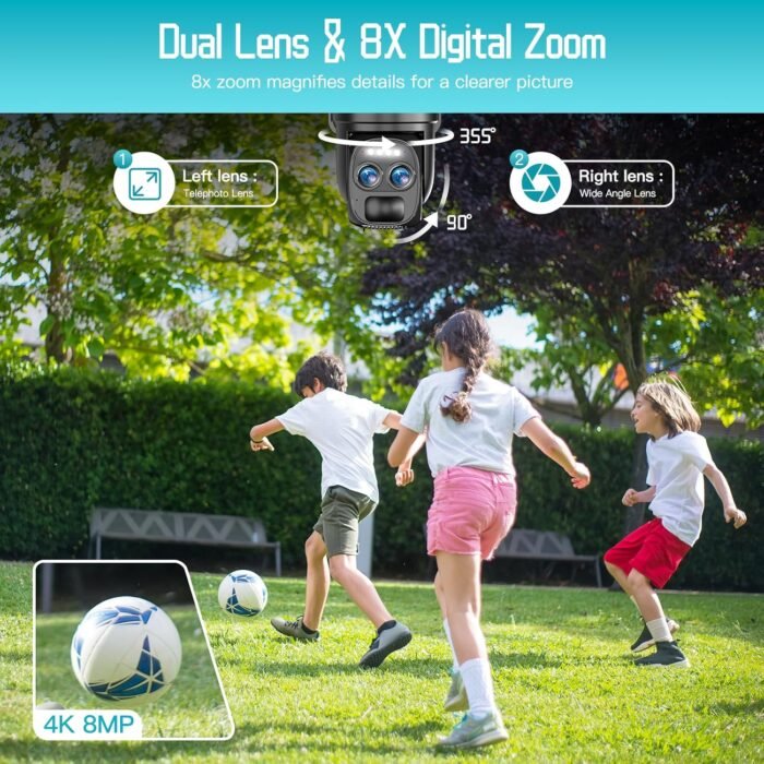 4K 8MP Solar Security Cameras Wireless Outdoor Battery Powered,360°PTZ Wireless Cameras for Home Security with Spotlight Siren, 5Dbi Dual antenna,PIR Human Detection,Color Night Vision,2.4/5Ghz - Image 2