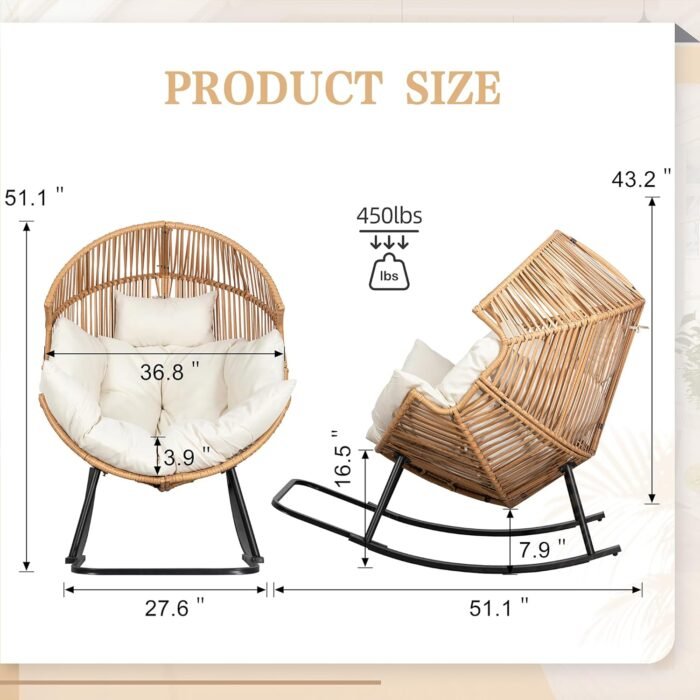 Vongrasig Wicker Rocking Egg Chair PE Rattan with Cushion, Oversized Patio Lounge Rocker Chair for Outdoor, Indoor, Balcony, Backyard, Garden, Beige - Image 2