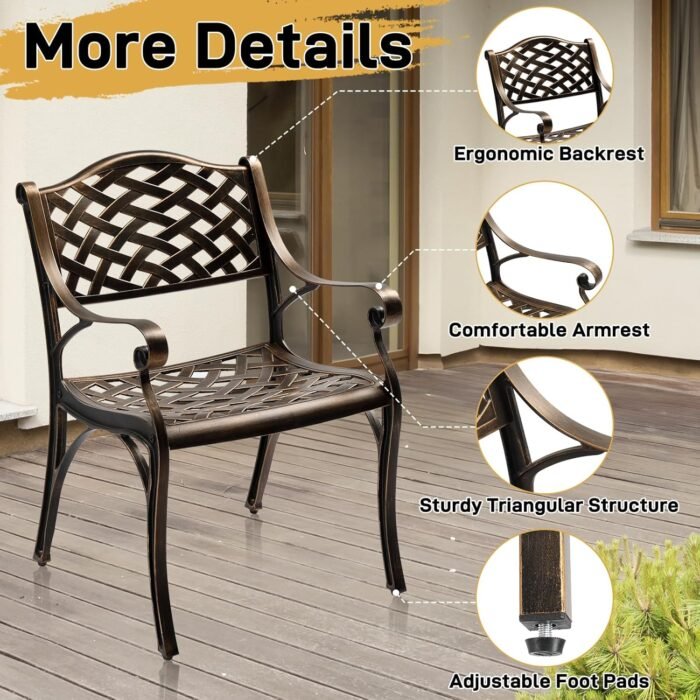 VINGLI Outdoor Dining Chairs Set of 2, Cast Aluminum Patio Chairs, All-Weather Aluminum Outdoor Chairs Patio Furniture for Porch, Bistro, Backyard and Balcony Bronze - Image 4