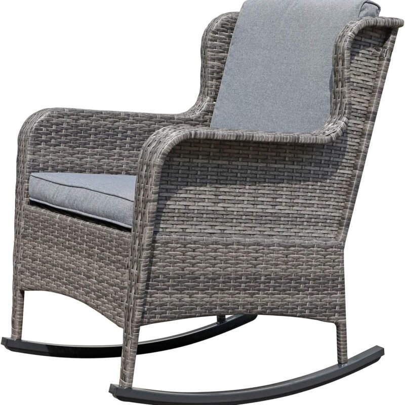 Soleil Jardin Outdoor Resin Wicker Rocking Chair with Cushions, Patio Yard Furniture Club Rocker Chair, Gray Wicker & Gray Cushions