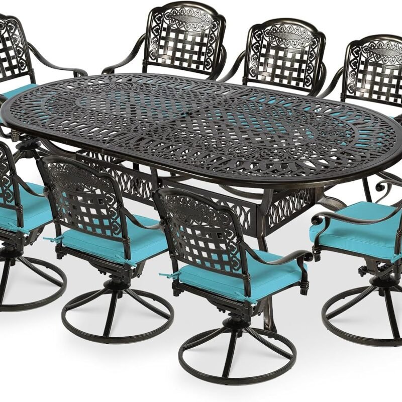 VIVIJASON 9-Piece Outdoor Patio Furniture Dining Set, All-Weather Cast Aluminum Conversation Set, Include 8 Swivel Dining Chairs and an Oval Table with Umbrella Hole, Ocean Blue Cushion