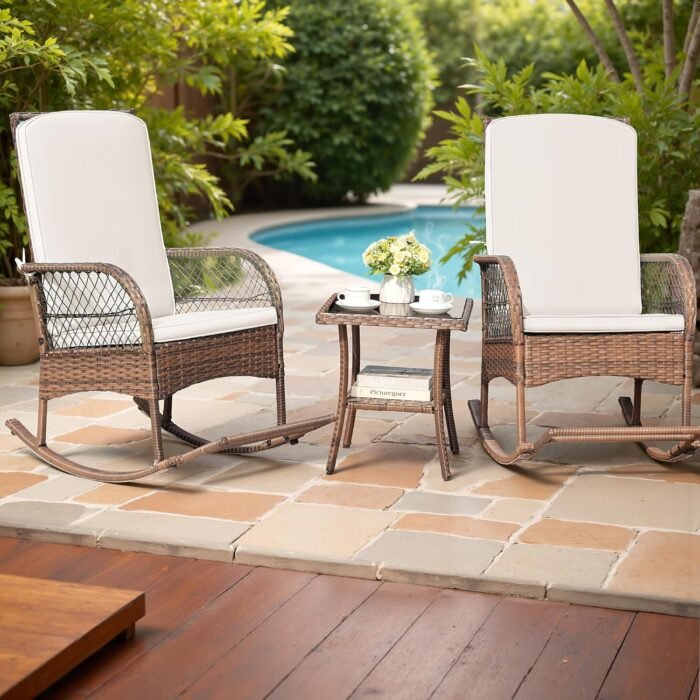 Devoko Outdoor Rocking Chairs 3 Piece Patio Furniture Set with Side Table & Cushions, Wicker Porch Rocker Bistro Set High Back for Balcony, Backyard, Garden (Beige) - Image 2