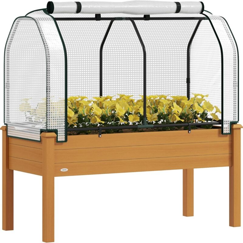 Outsunny Raised Garden Bed with PE Greenhouse Cover Outdoor Elevated Wood Planter Box for Herbs and Vegetables, Use for Patio, Backyard, Balcony, 48 x 22 x 46 inch, Sand