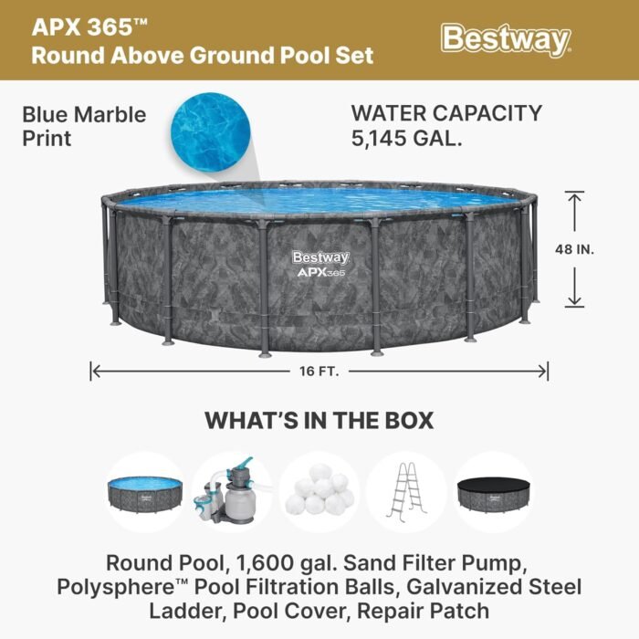 Bestway APX 365 16' x 48" Round Above Ground Pool Set with Sand Filter Pump, Ladder, and Cover, Dark Marble - Image 7