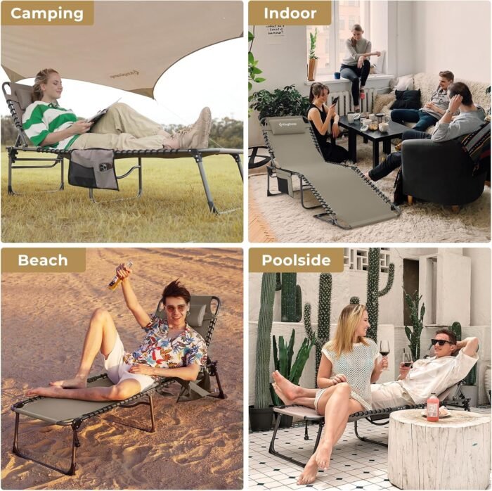 KingCamp Lounge Chair Outdoor, Folding Portable Tanning Chairs Comfy Adjustable 5-Position Lay Flat Foldable Chaise Chaser Lounger with Pillow for Outside Beach Patio Sun bathing Backyard Pool, Beige - Image 8