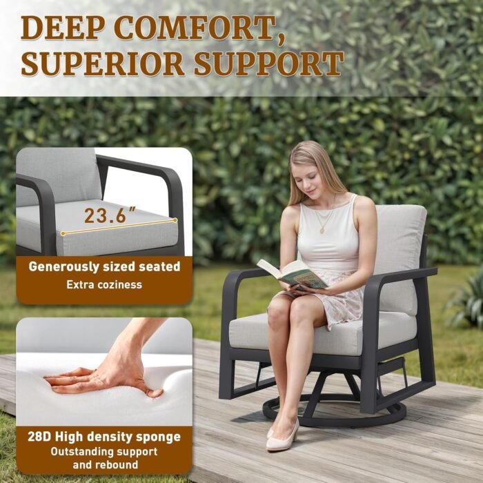 3 Piece Aluminum Outdoor Swivel Rocking Chairs Set, All Weather Swivel Patio Chairs for Porch Deck Balcony Garden (Silver Gray) - Image 4