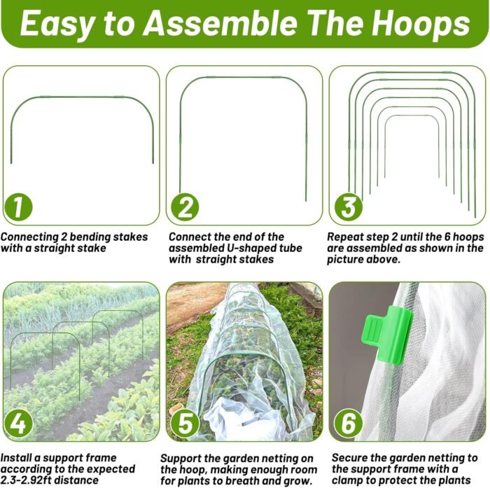 Cludoo 67pcs Garden Mesh Netting Kit,6 Sets Wide Garden Hoops with 10x20 ft Garden Covers Bird Netting& 12 Clips, Garden Protection for Raised Beds Greenhouse Vegetable Plants Flowers Animals - Image 7