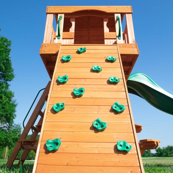 Backyard Discovery Woodland Cedar Wood Swing Set with Wave Slide, Clubhouse, Rock Wall, Snack Bar Station, Benches, Belt Swings, Trapeze, Half Door, Balcony, Step Ladder, Outdoor Playset - Image 8