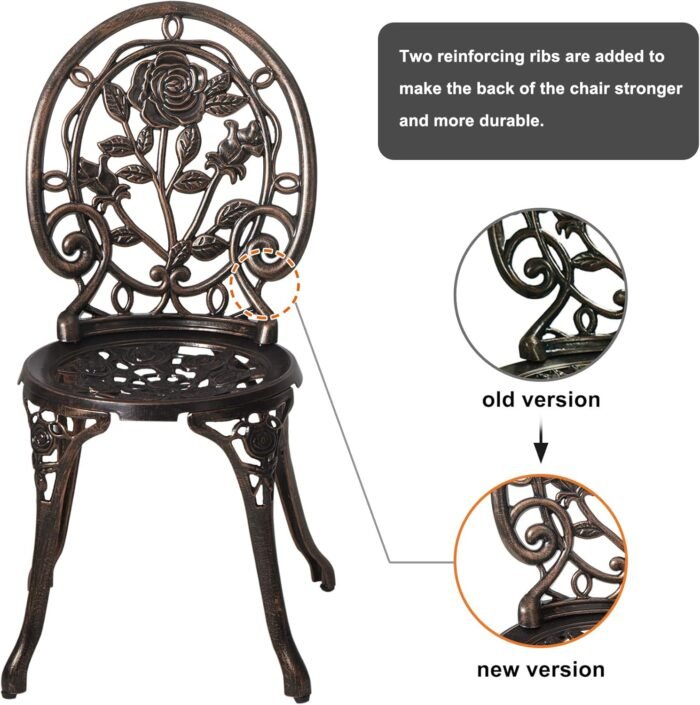HOMEFUN Bistro Table and Chairs Set of 2 Outdoor 3 Piece Patio Set, Rose Pattern Cast Aluminum Bistro for Garden Balcony, Durable Rust All-Weather Resistance, Rose Bronze - Image 5