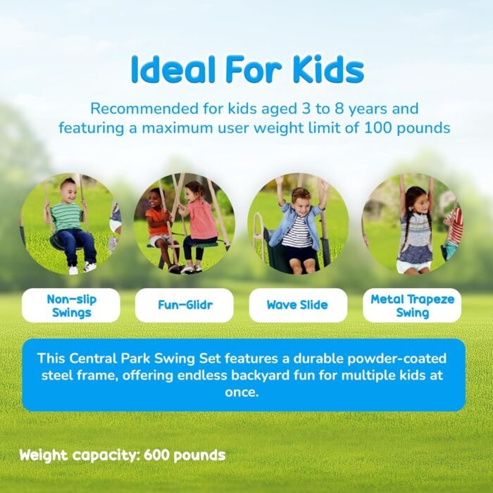XDP Recreation Central Park Swing Set, 6 Child Capacity, Backyard Playset with Slide, Trapeze, Fun-Glider, and 2 Traditional Swing Seats, Green - Image 3