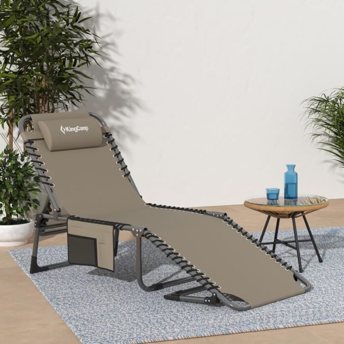 KingCamp Lounge Chair Outdoor, Folding Portable Tanning Chairs Comfy Adjustable 5-Position Lay Flat Foldable Chaise Chaser Lounger with Pillow for Outside Beach Patio Sun bathing Backyard Pool, Beige - Image 2