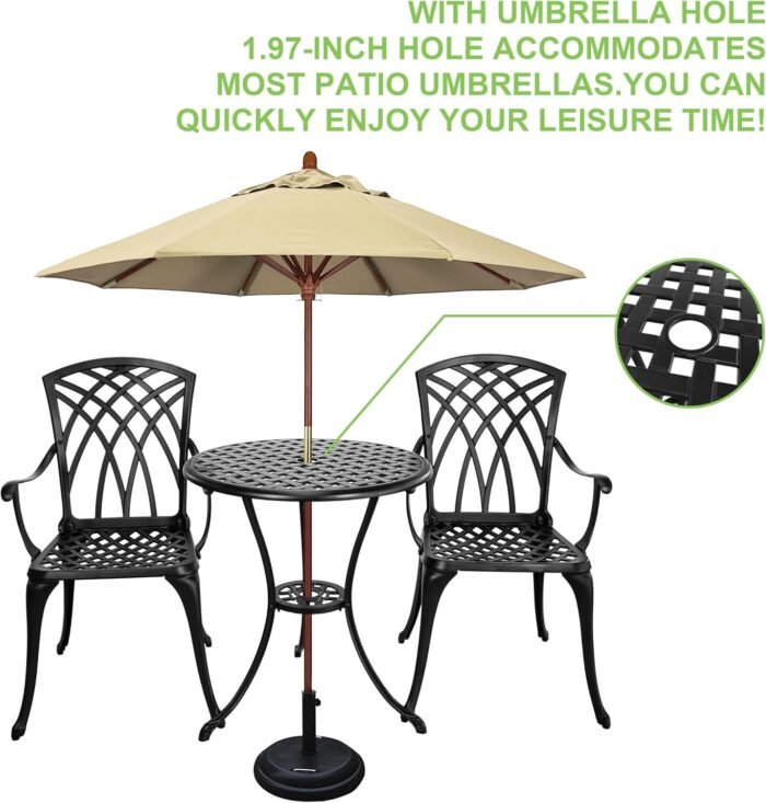 3 Piece Outdoor Bistro Set,All Weather Cast Aluminum Patio Table and Chairs Set of 2 with 1.97" Umbrella Hole,Outdoor Dining Set Patio Bistro Set for Garden,Porch,Balcony,Black - Image 6