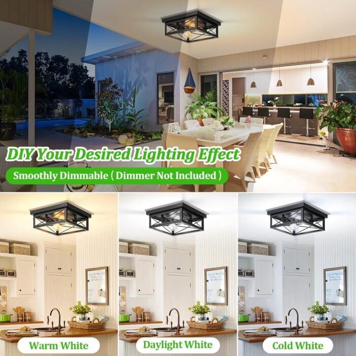 2-Light Industrial Square Flush Mount Ceiling Light, Farmhouse Ceiling Light Fixture for Kitchen, Modern Black Close to Ceiling Light for Hallway Bedroom Balcony Porch Stairway, E26, 2-Pack - Image 5