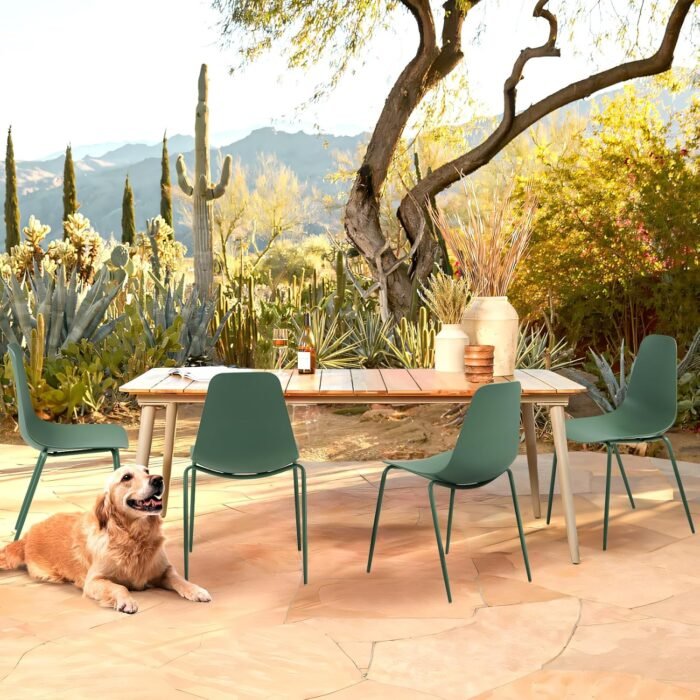 Outdoor Dining Chairs Set of 4, Plastic Stackable Patio Chairs, Modern Kitchen Cafe Chairs with Metal Legs for Garden/Balcony/Bistro/Dining Room, Green