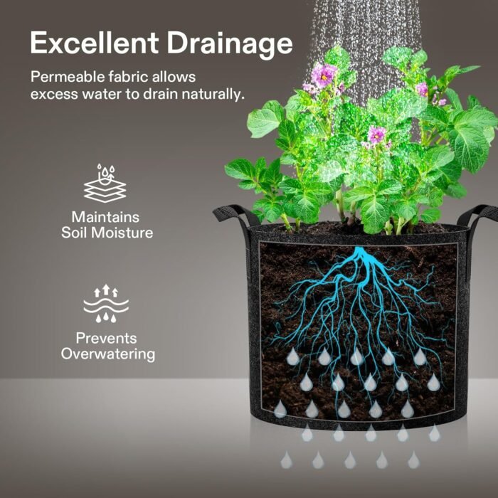 VIVOSUN 5-Pack 5 Gallon Grow Bags Heavy Duty 300G Thickened Nonwoven Plant Fabric Pots with Handles - Image 2