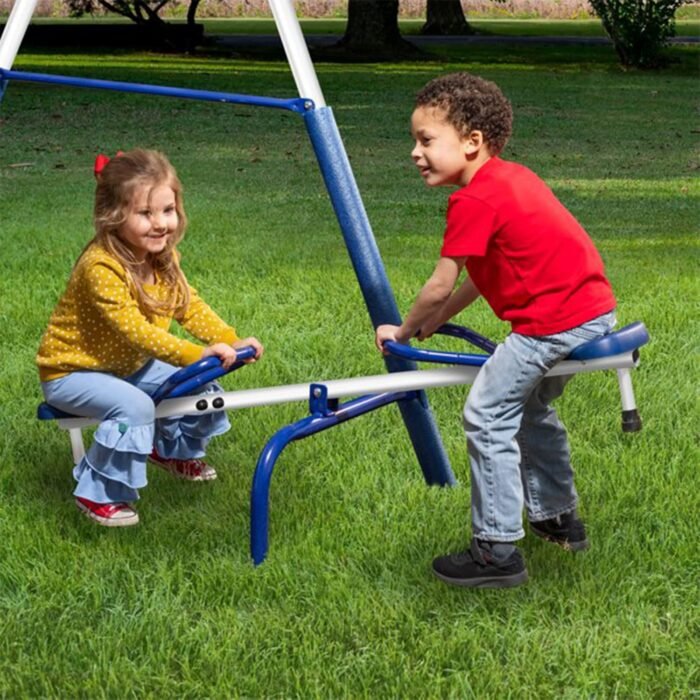 XDP Recreation Freedom Fun Metal A-Frame Kids Outdoor Swing Set 7 Child Capacity Backyard Playground Toy Set with Slide, 3 Swing Types, and See-Saw - Image 6