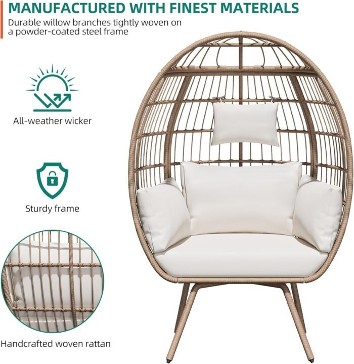 YITAHOME Oversized Egg Chair 450lbs Capacity Wicker Patio Lounger w/Adjustable Headrest, Anti-Rust Steel Frame & All-Weather Rattan, XXL Basket Chair for Outdoor & Indoor - Beige - Image 3