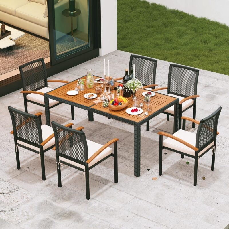 7 Pieces Outdoor Table and Chairs Outdoor Patio Furniture Set Wicker Patio Dining Sets for 6 Patio Table and Chairs Set Outdoor Furniture Set for Garden Yard Porch Poolside