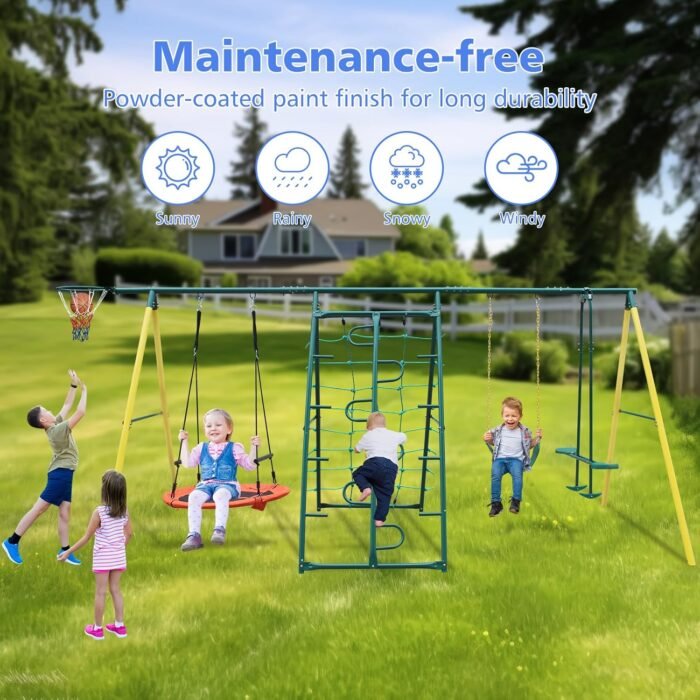 Metal Swing Sets for Backyard for Kids 3-12, 6 in 1 Swing Sets, Heavy-Duty Playground Backyard Set with 2 Swings, Glider, Climbing Ladder and Rope - Image 5