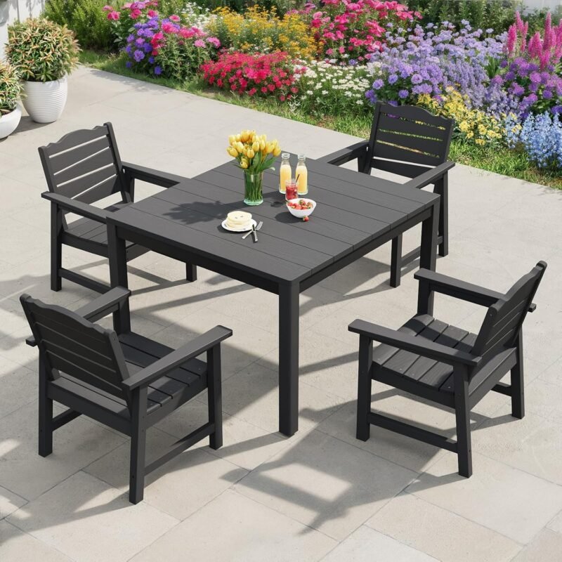 5-Piece Patio Dining Sets, Outdoor Dining Table w/Aluminum Frame and 4 Chairs, Weatherproof HIPS Dining Furniture Set with Umbrella Hole, for Backyard, Garden, Lawn, and Poolside, Black
