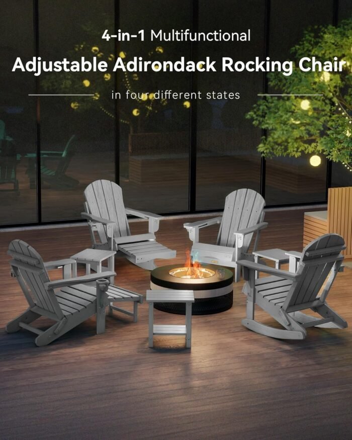 Adjustable Adirondack Rocking Chair with Retractable Ottoman, 4-in-1 Multifunctional Folding Patio Chair with Cup Holder, Outdoor Chair Wood Texture for Lawn, Porch, Backyard, Pool(Grey) - Image 4