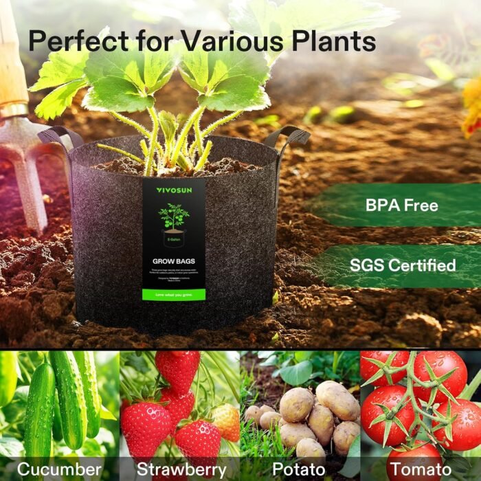 VIVOSUN 5-Pack 5 Gallon Grow Bags Heavy Duty 300G Thickened Nonwoven Plant Fabric Pots with Handles - Image 7
