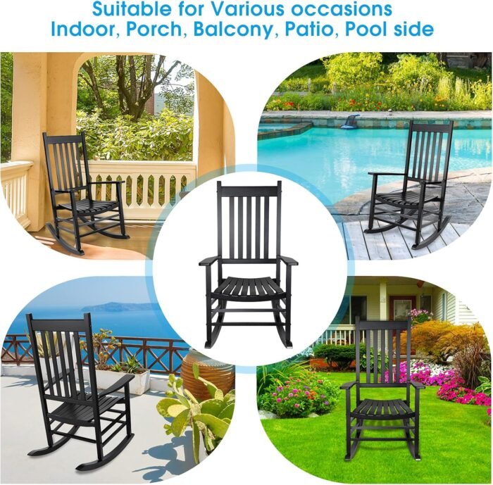 Patio Rocking Chair, Outdoor Rocking Chair, Wood Porch Rocker, Wooden Rocking Chair for Adult for Garden, Lawn, Balcony, Backyard and Patio (1 Black) - Image 7