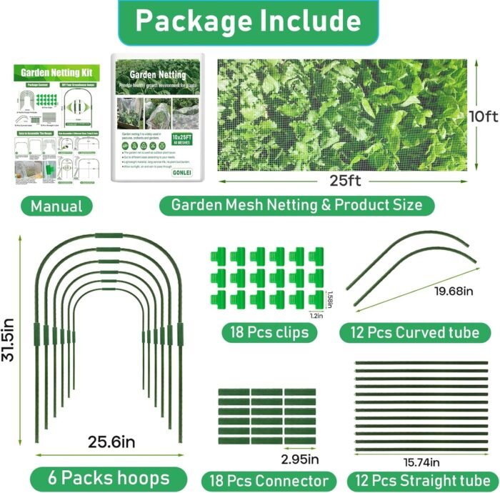 GonLei 10x25FT Garden Mesh Netting Kit Raised Beds (6 Pcs Garden Hoops & 18 Clips) Garden Hoops Plant Row Covers Netting Protection Berry Bush Trees Grass Seed Barrier Net - Image 4