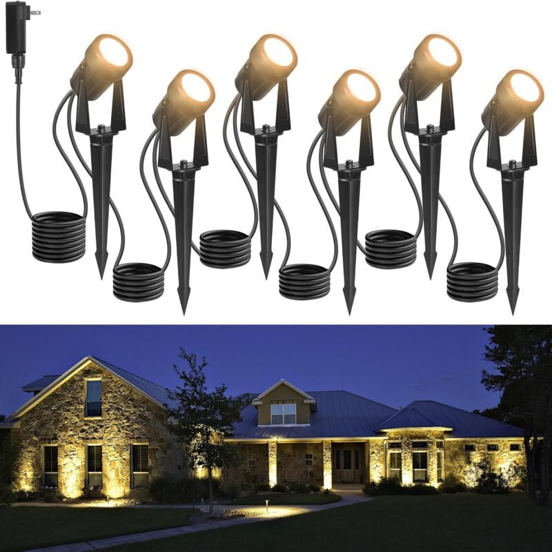 Outdoor Landscape lighting Low Voltage, 65.6FT Wired LED Spot light with Plug-in Transformer, IP65 Waterproof Outside Uplight 18W 1800LM for Yard Garden Tree Pathway House, Warm White 3000K, Pack of 6